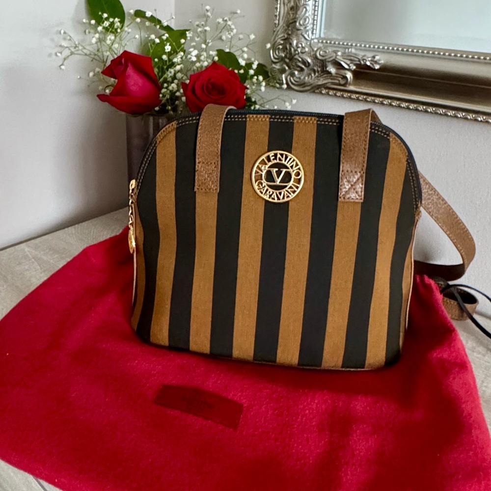 Valentino Garavani Black and Tan Striped Crossbody Bag